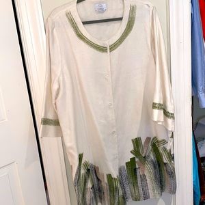 Voyage by Maria Rinaldi hand painted linen snap front long jacket coat Sz XXL